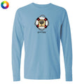 Long sleeve blue t-shirt with a dog graphic and 'good buoy' text on a white background