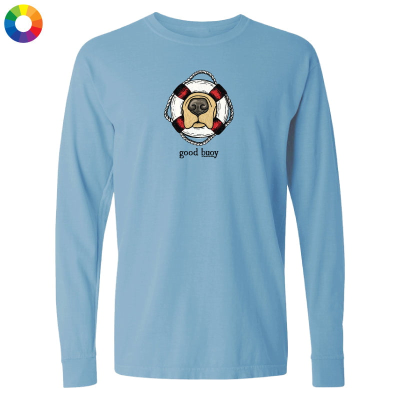 Long sleeve blue t-shirt with a dog graphic and 'good buoy' text on a white background