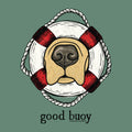Illustration of a golden retriever's nose and muzzle framed by a red and white lifebuoy with the pun "good buoy" written underneath on a green background.