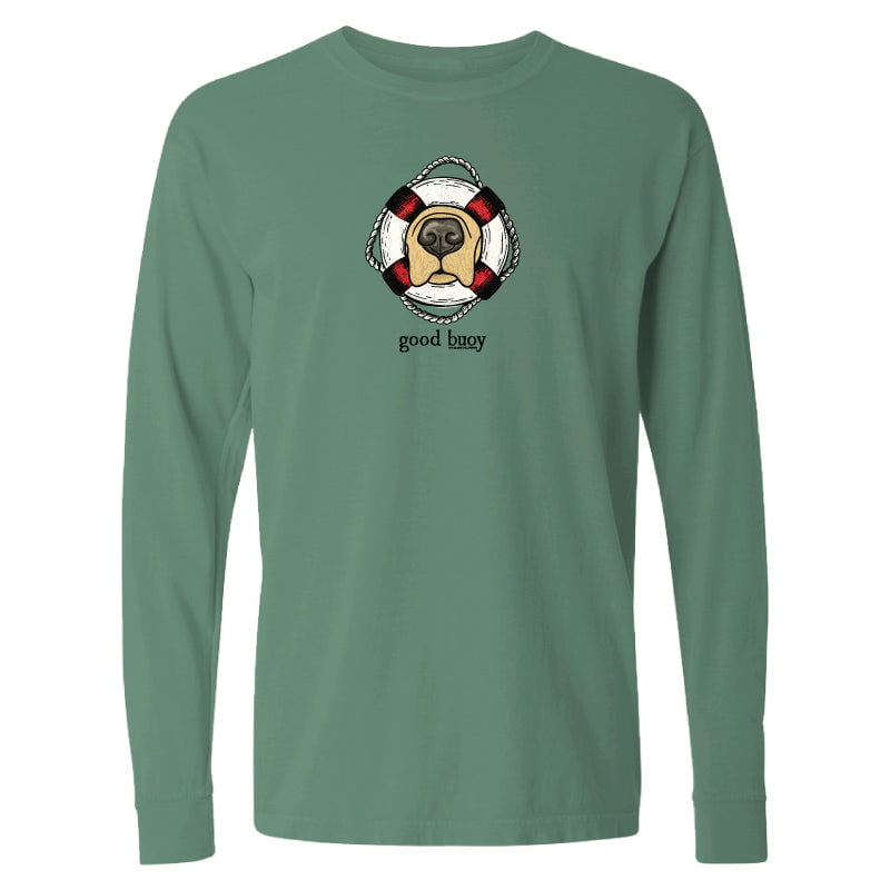 Long sleeve green t-shirt with a dog graphic and 'good buoy' text on a white background