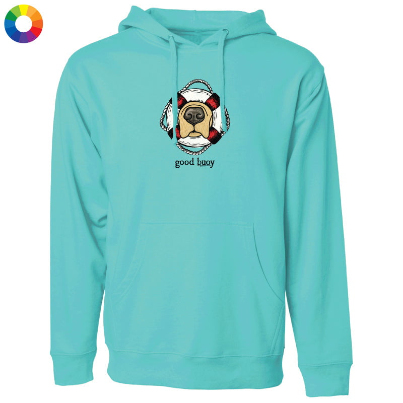 Teal hoodie with a dog graphic and 'good buoy' text on a white background