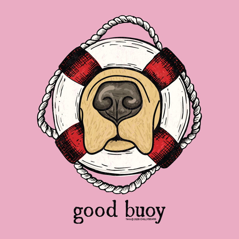 Illustration of a dog's face inside a life buoy with 'good buoy' text on a pink background