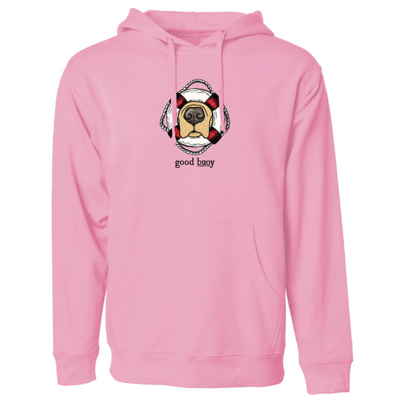 Pink hoodie with a dog graphic and 'good buoy' text on a white background