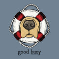 Illustration of a golden retriever's nose and muzzle framed by a red and white lifebuoy with the pun "good buoy" written underneath on a blue background.