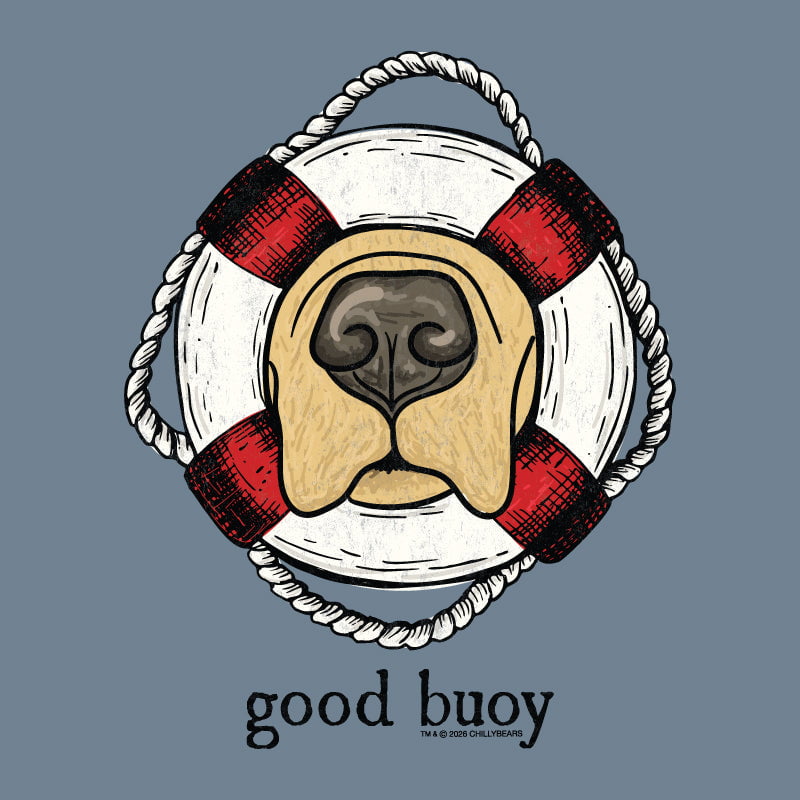 Illustration of a golden retriever's nose and muzzle framed by a red and white lifebuoy with the pun "good buoy" written underneath on a blue background.