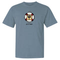Blue t-shirt with a graphic of a dog on a life buoy and text 'good buoy' on a white background