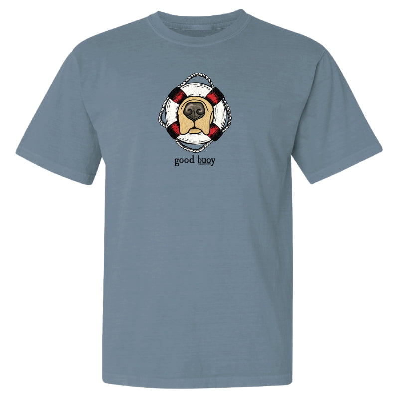 Blue t-shirt with a graphic of a dog on a life buoy and text 'good buoy' on a white background