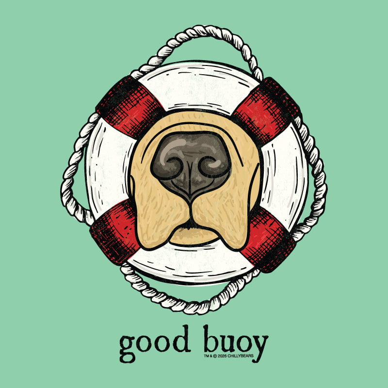 Illustration of a golden retriever's nose and muzzle framed by a red and white lifebuoy with the pun "good buoy" written underneath on a light green background.