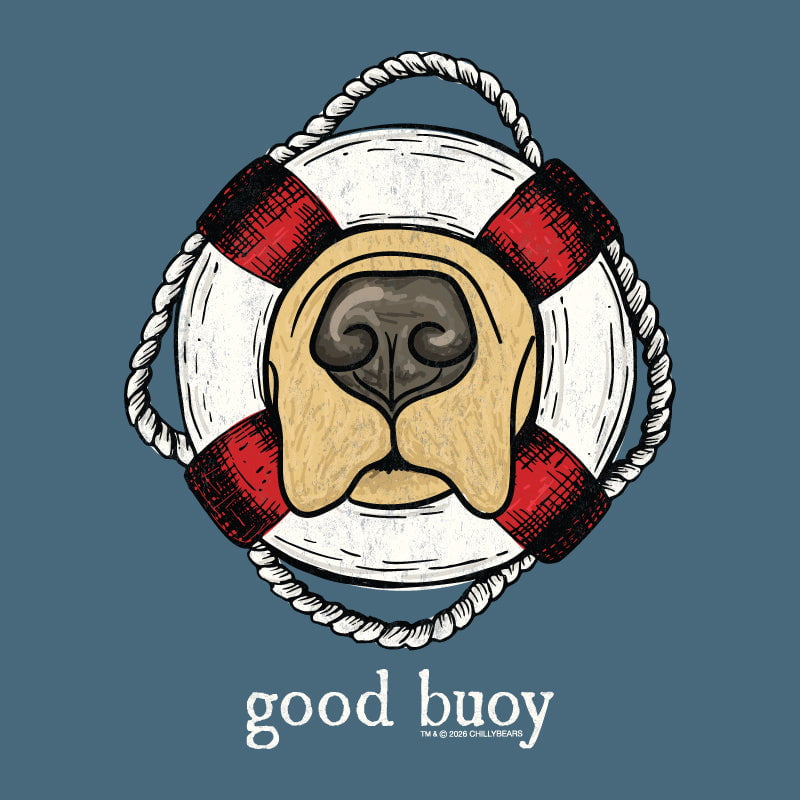 Illustration of a golden retriever's nose and muzzle framed by a red and white lifebuoy with the pun "good buoy" written underneath on a blue background.