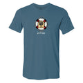 Blue t-shirt with a dog graphic and 'good boy' text on a white background