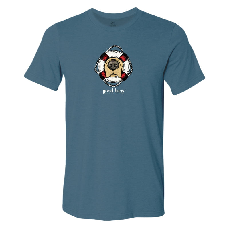 Blue t-shirt with a dog graphic and 'good boy' text on a white background