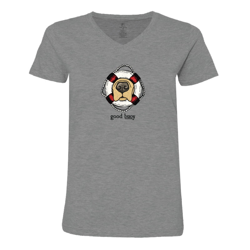 Gray t-shirt with a dog graphic and 'good buoy' text on a white background