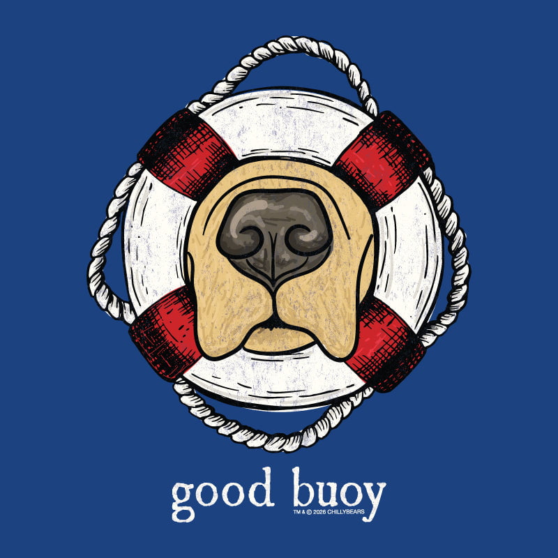 Illustration of a golden retriever's nose and muzzle framed by a red and white lifebuoy with the pun "good buoy" written underneath on a blue background.