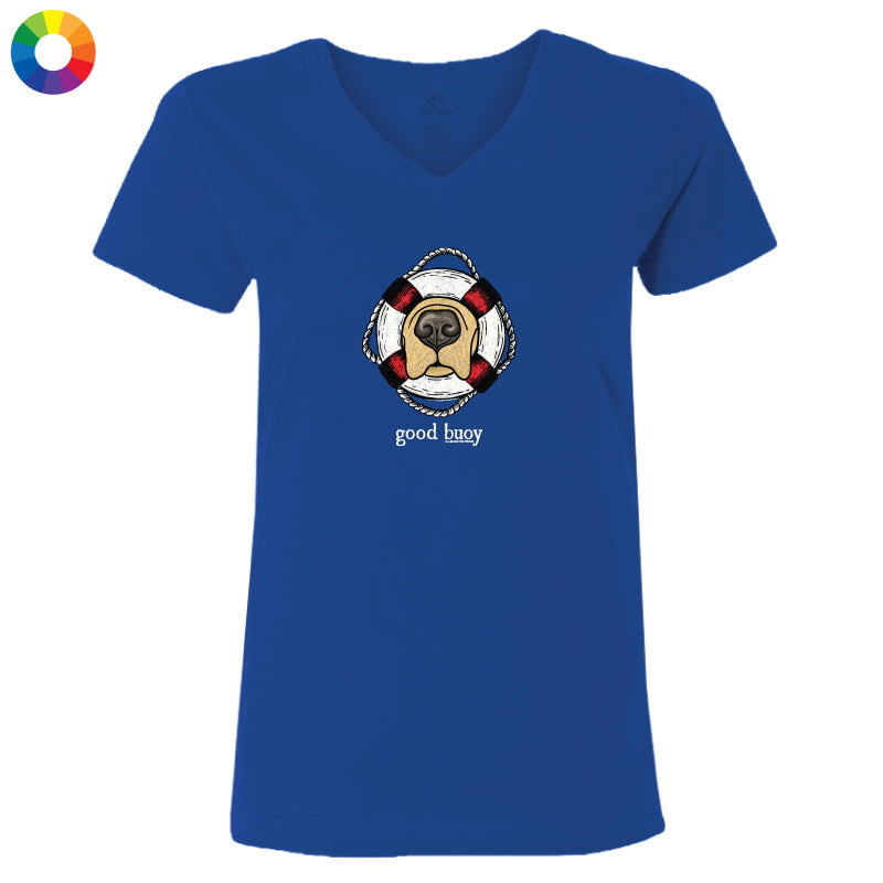 Dark blue t-shirt with a dog graphic and 'good buoy' text on a white background