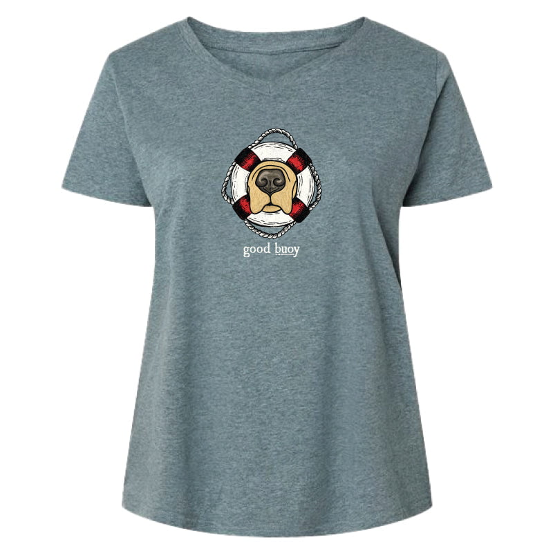 Blue t-shirt with a dog graphic and 'good boy' text on a white background