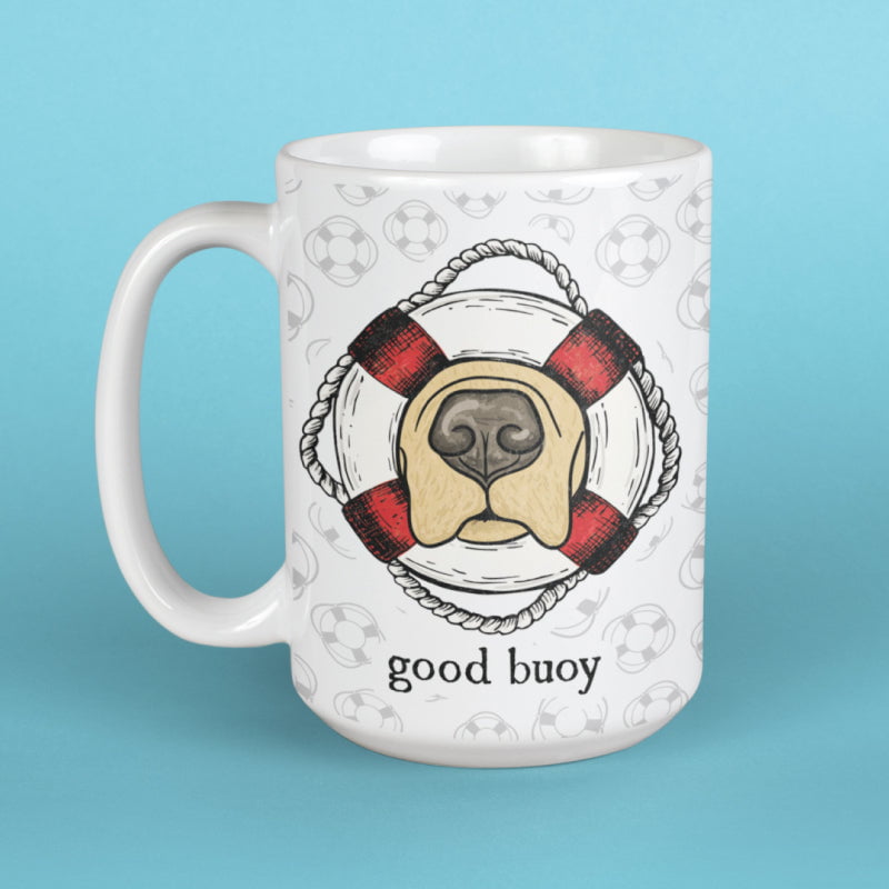 Mug with a dog illustration and 'good buoy' text on a blue background