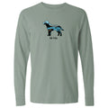 A sage green long-sleeve t-shirt with a graphic of a dog filled with blue and black stripes, and the text 'lab life' printed below it.