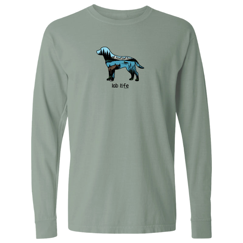 A sage green long-sleeve t-shirt with a graphic of a dog filled with blue and black stripes, and the text 'lab life' printed below it.