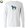 A white long-sleeve crewneck t-shirt featuring a graphic of a dog filled with blue and black tribal patterns and the text 'lab life' underneath. A small multicolor color wheel icon is visible in the top-left corner.