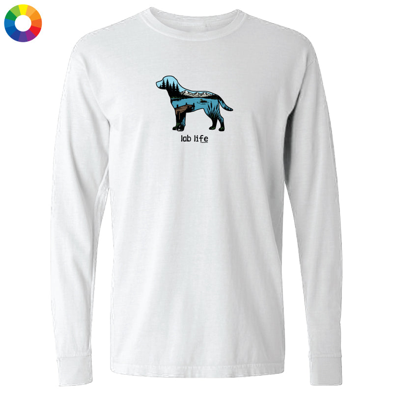 A white long-sleeve crewneck t-shirt featuring a graphic of a dog filled with blue and black tribal patterns and the text 'lab life' underneath. A small multicolor color wheel icon is visible in the top-left corner.