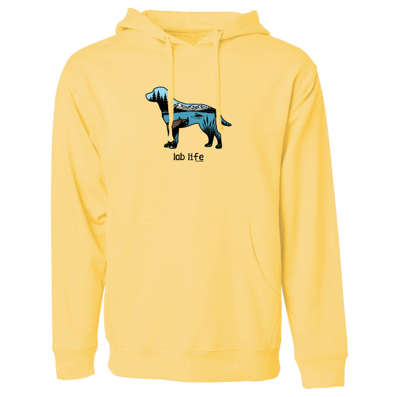 A yellow pullover hoodie with a graphic of a dog filled with a blue and black pattern, and the text 'lab life' underneath, shown on a plain white background.