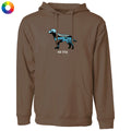 A brown pullover hoodie with a front kangaroo pocket and drawstring hood, featuring a graphic of a dachshund with a blue and black landscape pattern and the text 'lab life' underneath. A small multicolor color wheel icon is in the top-left corner.