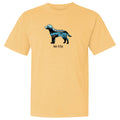 A pale yellow short-sleeve crewneck t-shirt featuring a graphic of a dog cut into blue and black anatomical sections with the text 'lab life' underneath, displayed on a solid white background.
