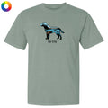 A sage green short-sleeve t-shirt with a graphic of a dog cutaway showing its internal organs, with the text 'lab life' underneath, displayed on a clean white background.
