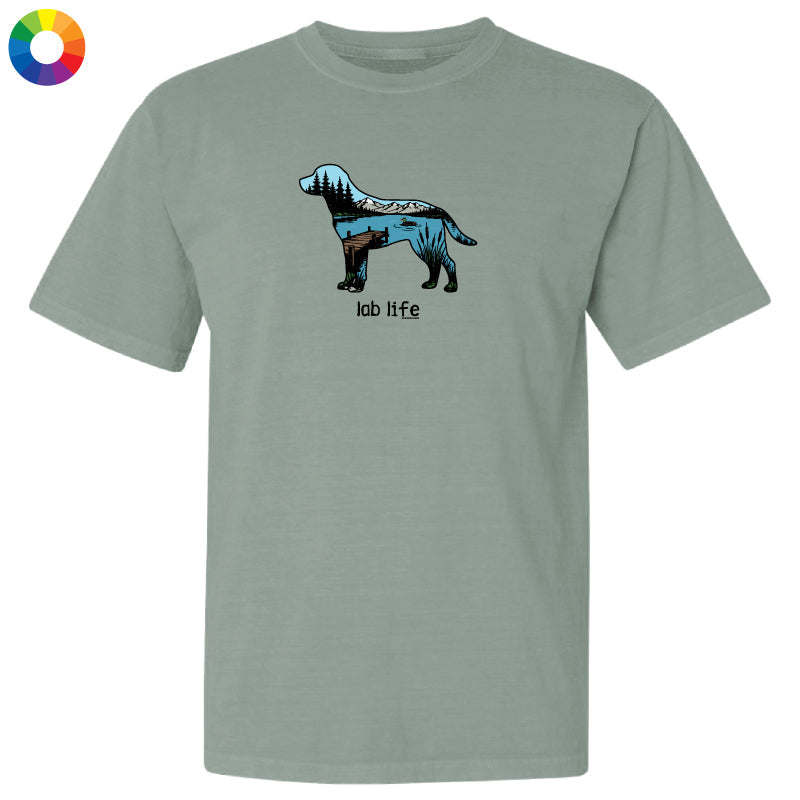 A sage green short-sleeve t-shirt with a graphic of a dog cutaway showing its internal organs, with the text 'lab life' underneath, displayed on a clean white background.