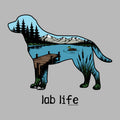 A stylized illustrated dog silhouette filled with a lakeside mountain landscape, including pine trees, a dock, reeds, and a duck, with the text 'lab life' below on a plain gray background.