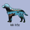 A stylized dog silhouette filled with a scenic landscape illustration, including mountains, a lake, dock, trees, and a duck, with the text 'lab life' below on a light blue background.