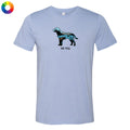 A light heather blue short-sleeve t-shirt with a graphic of a dog cut into colorful geometric sections and the text 'lab life' underneath, displayed on a solid white background.