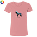 A pink V-neck t-shirt featuring a graphic of a dog filled with a blue and black landscape pattern, with the text 'lab life' underneath. A multicolor color wheel icon is visible in the top-left corner.