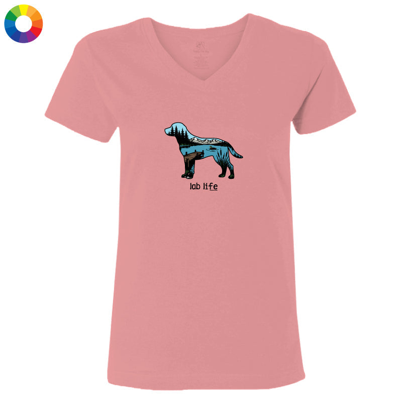 A pink V-neck t-shirt featuring a graphic of a dog filled with a blue and black landscape pattern, with the text 'lab life' underneath. A multicolor color wheel icon is visible in the top-left corner.