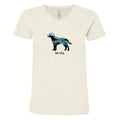 An off-white heathered v-neck t-shirt featuring a graphic of a dog cut into anatomical parts in shades of blue and black, with the text 'lab life' printed below.