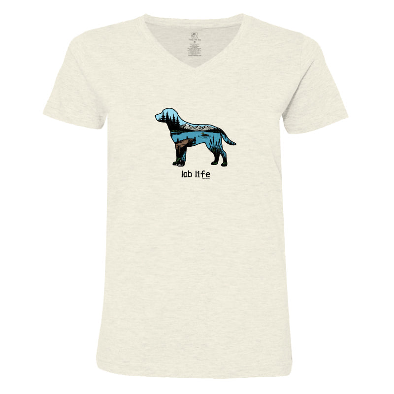 An off-white heathered v-neck t-shirt featuring a graphic of a dog cut into anatomical parts in shades of blue and black, with the text 'lab life' printed below.