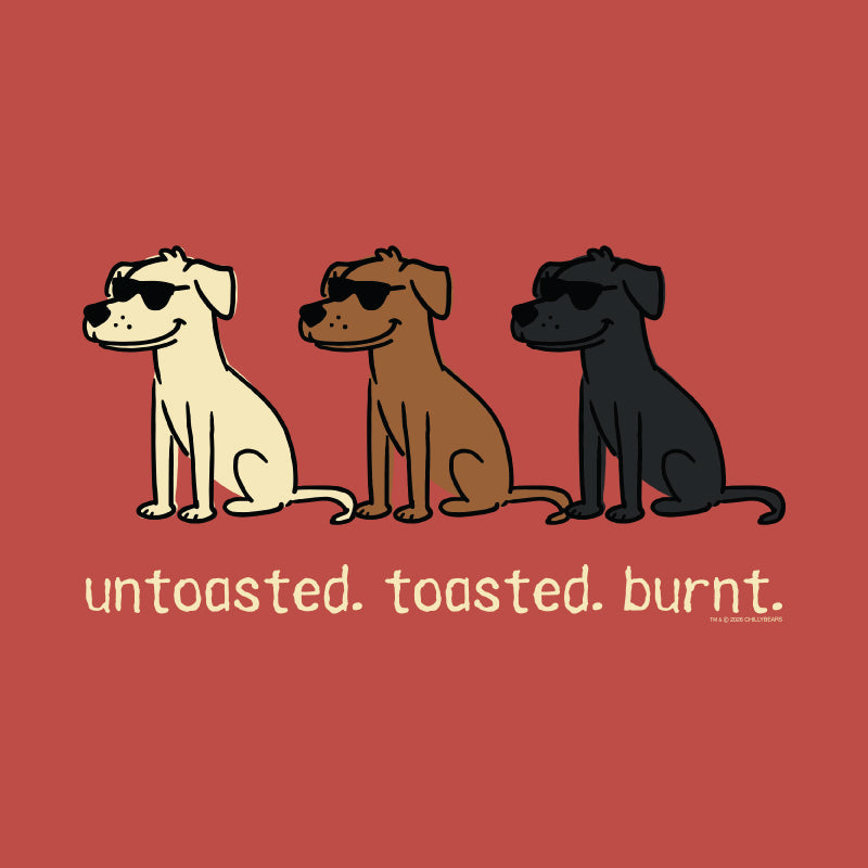 A graphic print featuring three cartoon dogs wearing sunglasses in cream, brown, and black, sitting in a row on a solid red background with the text 'untasted. toasted.