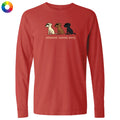 A red long-sleeve t-shirt with a graphic of three dogs in different colors (white, brown, and black) sitting together with the text 'untoasted. toasted.
