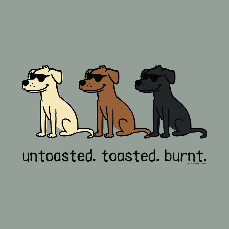 A graphic print featuring three cartoon dogs wearing sunglasses in cream, brown, and black, with the text 'untasted. toasted.