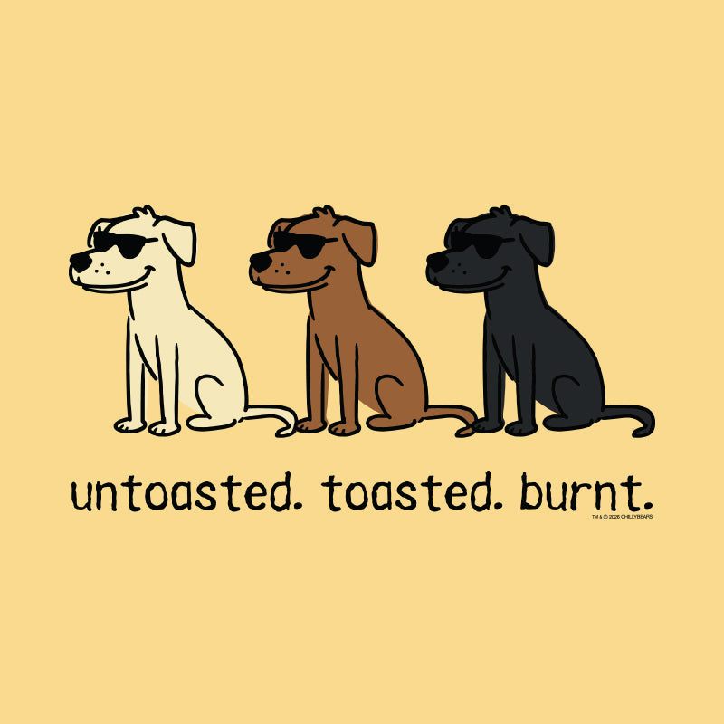 A graphic print featuring three cartoon dogs wearing sunglasses in cream, brown, and black, with the text 'untasted. toasted.