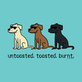 A graphic illustration of three dogs wearing sunglasses on a solid teal background, with the text 'untasted. toasted.