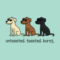 A graphic illustration of three dogs wearing sunglasses on a light teal background, with the text 'untasted. toasted.