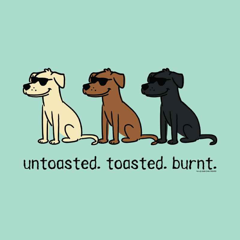 A graphic illustration of three dogs wearing sunglasses on a light teal background, with the text 'untasted. toasted.
