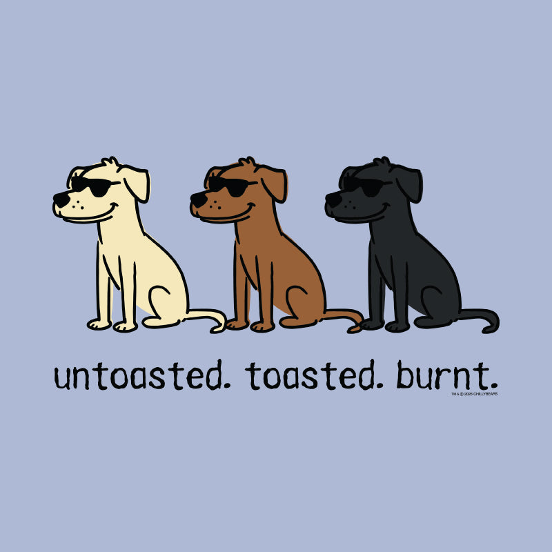 A graphic print featuring three cartoon dogs wearing sunglasses in cream, brown, and black, with the text 'untasted. toasted.