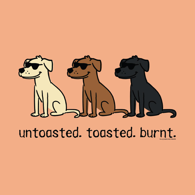 A graphic design featuring three cartoon dogs wearing sunglasses in cream, brown, and black, with the text 'untasted. toasted.