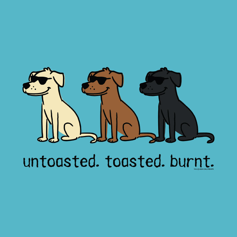 A graphic illustration of three dogs wearing sunglasses on a solid teal background, with the text 'untasted. toasted.