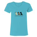 A women's short-sleeve V-neck t-shirt in a bright turquoise blue color, featuring a graphic of three cartoon dogs sitting in white, brown, and black, with the text 'untoasted. toasted.