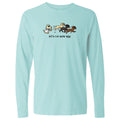 A light aqua long-sleeve t-shirt with a graphic of a cat chasing three dogs and the text 'let's run some kibs' printed on the chest, displayed on a solid white background.