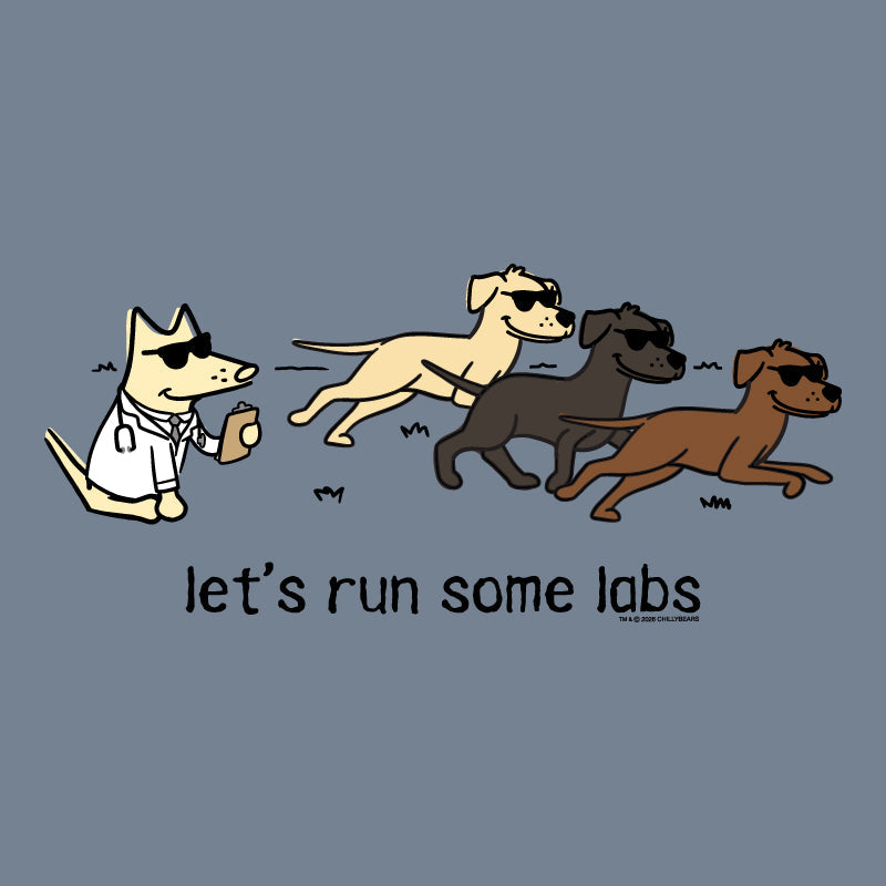 A graphic print featuring four cartoon dogs wearing sunglasses running across a slate blue background, with the text 'let's run some labs' underneath. A small credit line in the bottom right reads 'Terry Ross & Company'.