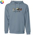 A dusty blue-gray pullover hoodie with a graphic of three cartoon dogs running and the text 'let's run some dogs' printed on the chest. The hoodie is shown against a plain white background, with a small multicolor color wheel icon in the top-left corner.